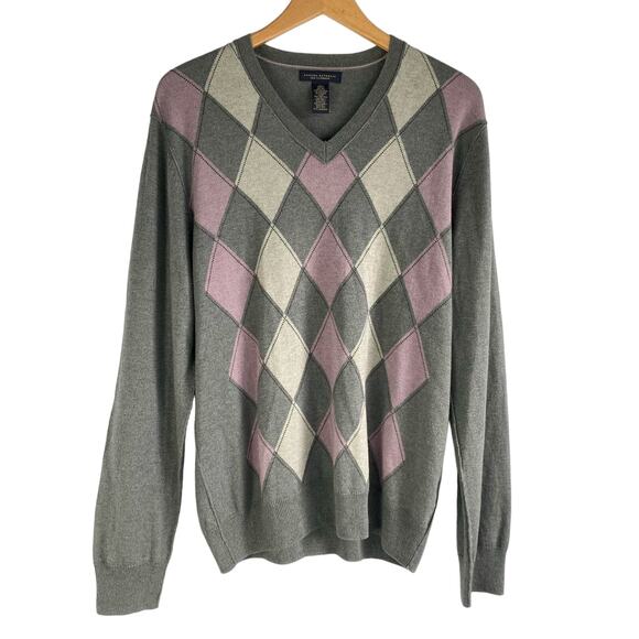 Banana Republic Silk Cashmere Argyle‎ Sweater Men Size L Gray Purple Grandpacore - Picture 1 of 5